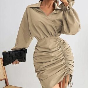 Flounce Sleeve Drawstring Front Ruched Side Dress M(6)Size